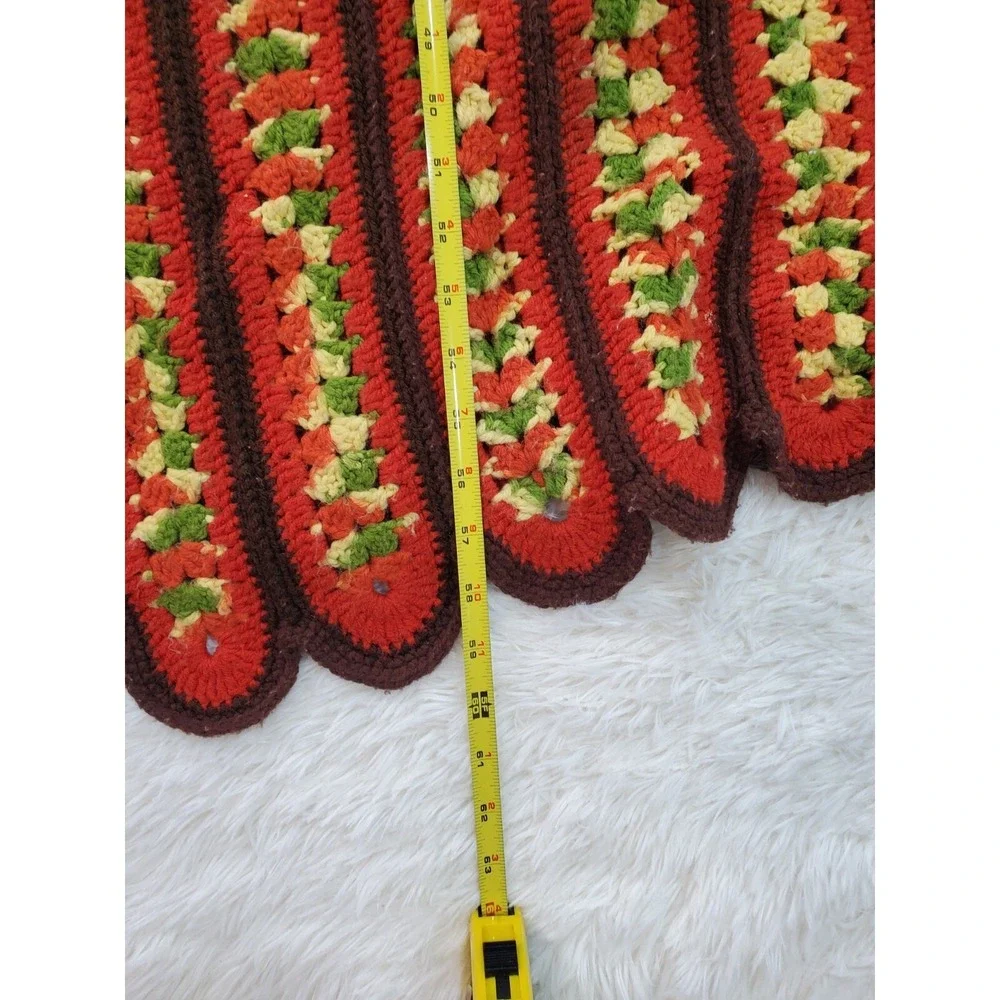 Vintage‎ Afghan 70s Throw Blanket Scalloped Red Yellow Brown Green Stripe 59x50